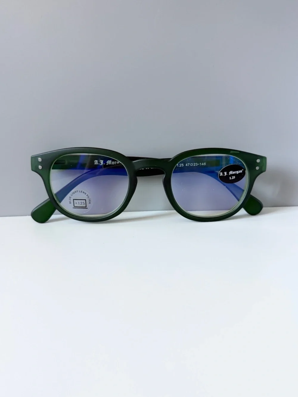 ASOS green classic frame blue light computer reading glasses prescription 1.25